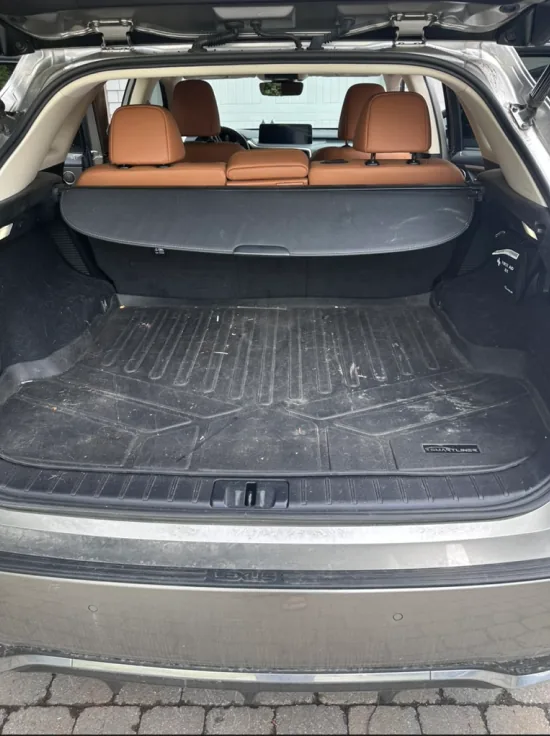 SUV cargo area with a dusty, dirty liner before detailing